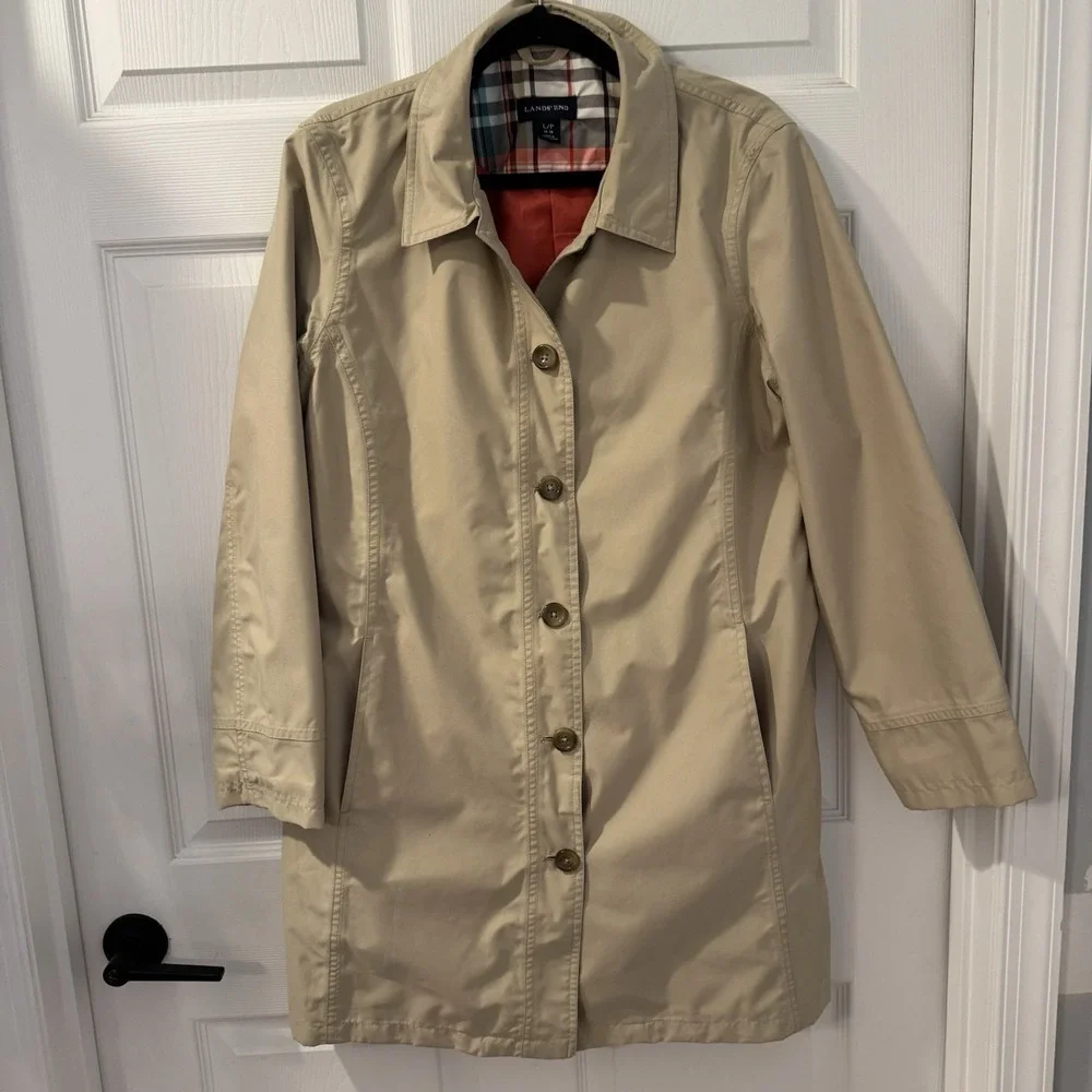 Lands' End Beige Trench Coat with Plaid Lining